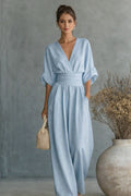 Women'S Surplice V‑Neck Cuffed Sleeve Wide‑Leg Linen‑Blend Jumpsuit