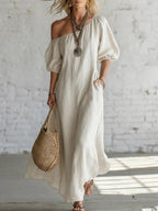 Effortless Off-Shoulder Linen-Blend Maxi Dress