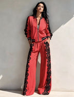 Bomber Jacket & Wide‑Leg Pants Two‑Piece Set with Black Lace Trim