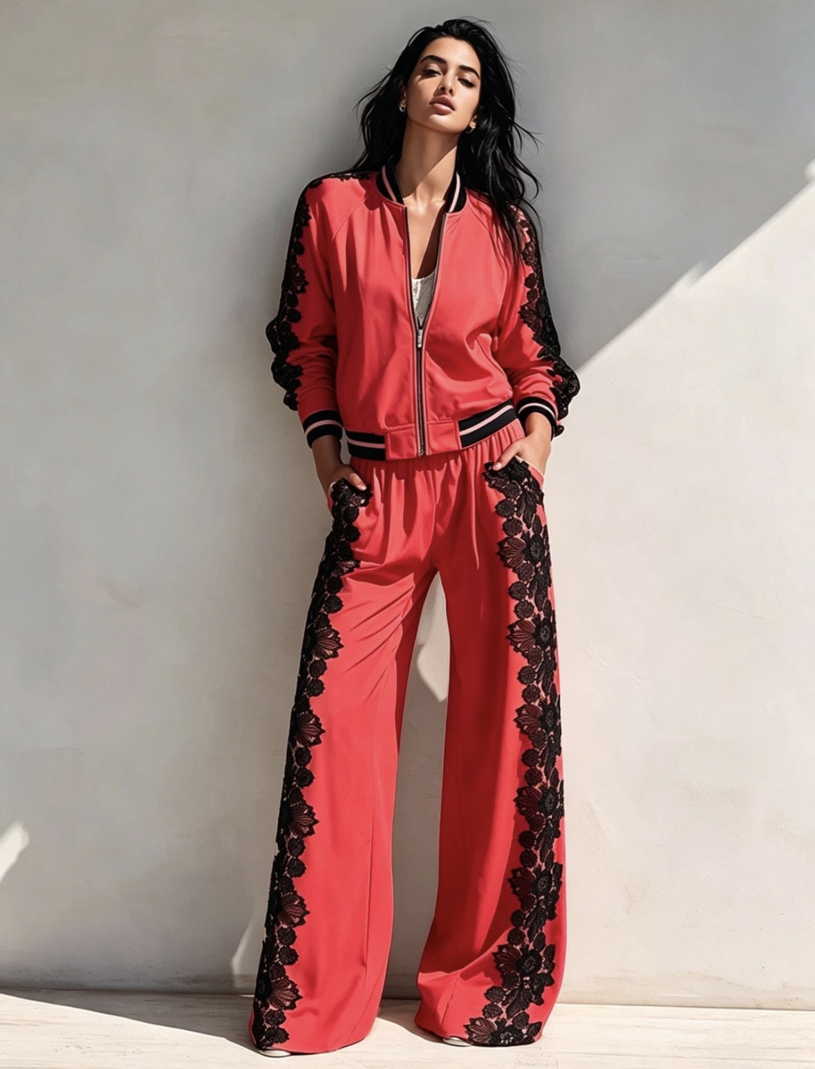 Bomber Jacket & Wide‑Leg Pants Two‑Piece Set with Black Lace Trim