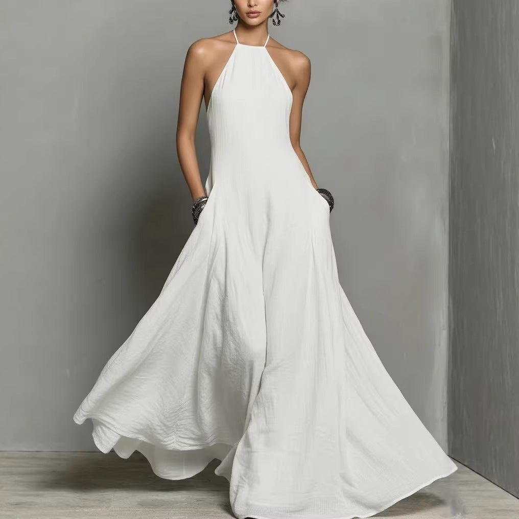 Cotton And Linen Blend Simple Backless Sleeveless Long Dress