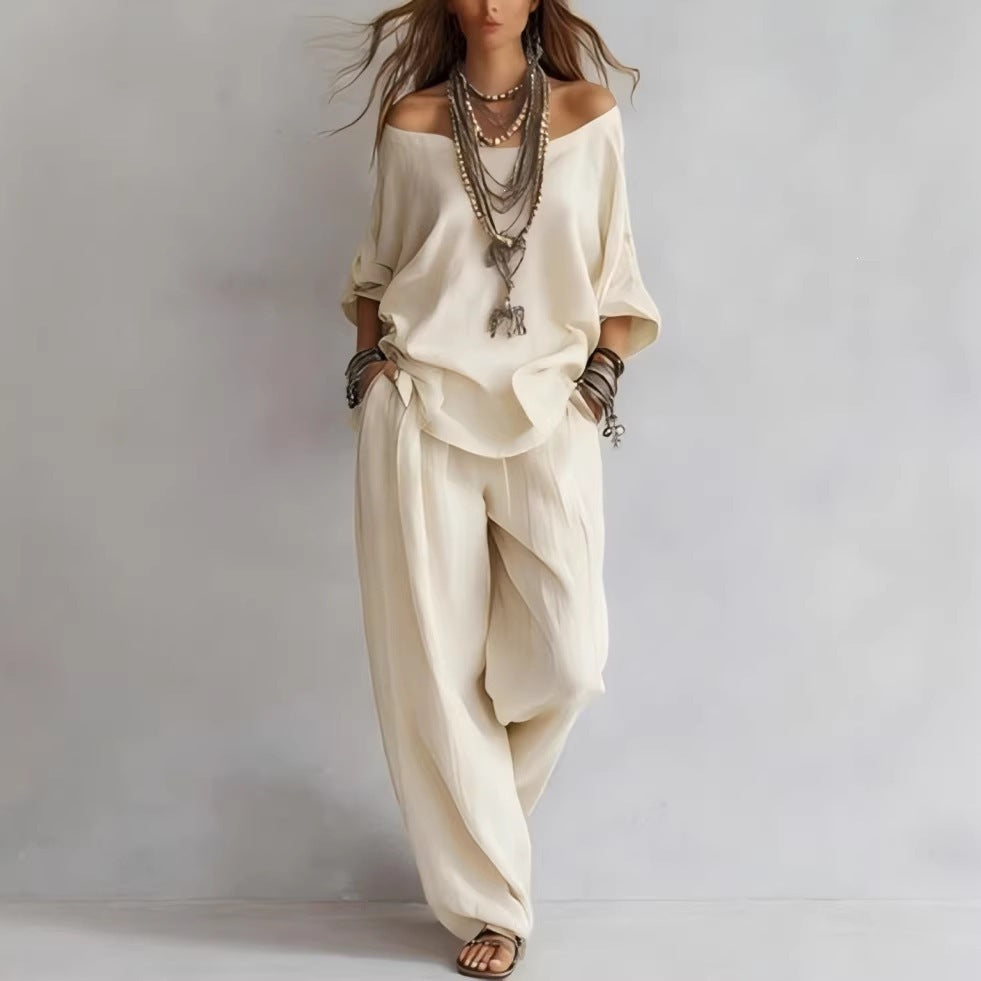Women'S One-Shoulder Loose Top Wide-Leg Pants Cross-Border Two-Piece Set