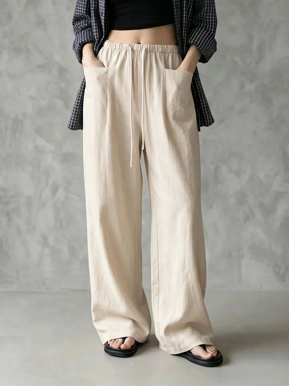 Elastic Drawstring Waist Linen Blend Wide‑Leg Pants