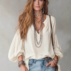 Split V-Neck Puff Long Sleeve Loose Textured Blouse