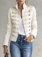 Women’s Stand Collar Double Breasted Gold Button Decor Denim Jacket