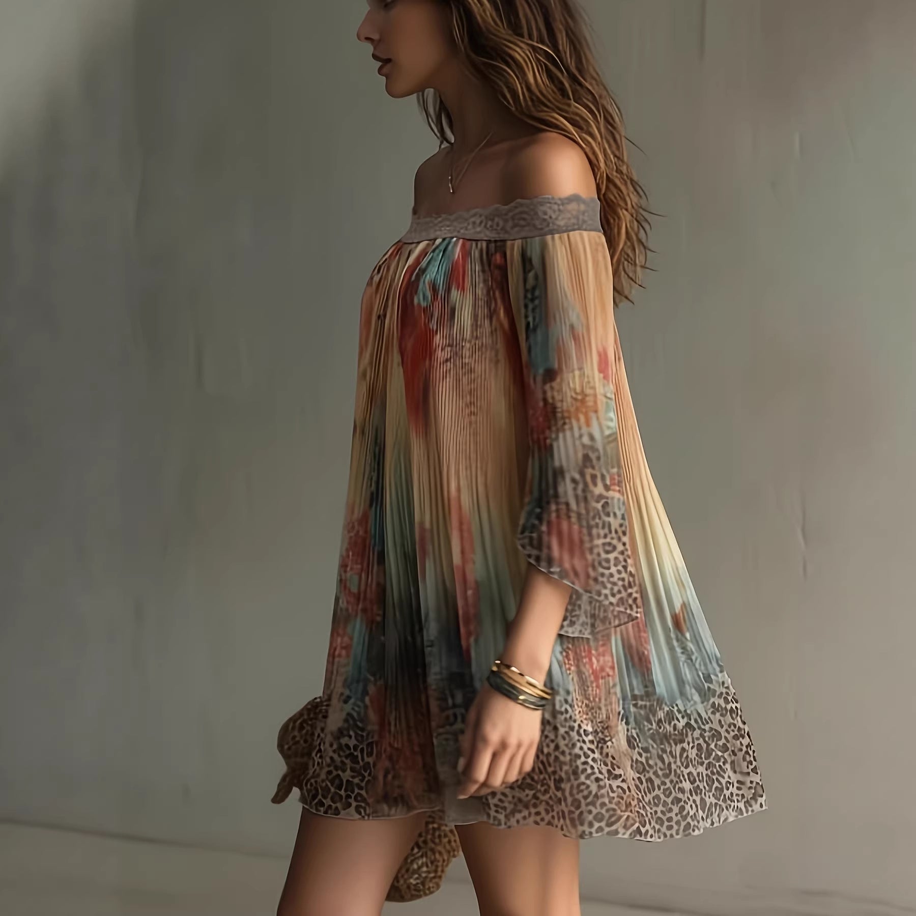 Fairy Off-Shoulder Floral Leopard Print Skirt