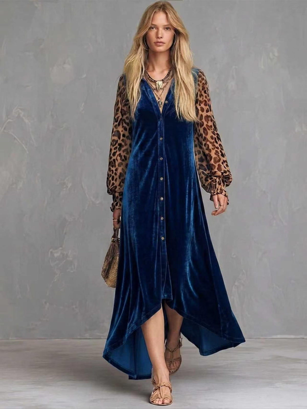 Velvet Button-Front Maxi Dress with Sheer Leopard Print Sleeves