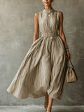 Classic Striped High Neck Sleeveless Midi Dress