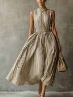 Classic Striped High Neck Sleeveless Midi Dress