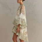 Boho Printed Ruffled Flare Sleeve Stretchy Polyester Womens Mini Dress