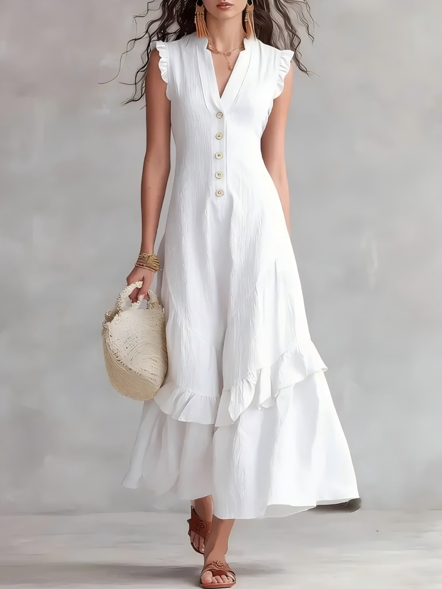Sleeveless Ruffled V-Neck Maxi Dress