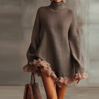 Loose Fit Long Sleeve Knit Sweater Dress Contrast Mesh Ruffle Trim