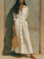 Women'S Crinkle‑Textured Collared Button‑Front Maxi Shirt Dress