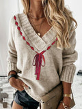 Beige V Neck Long Sleeve Red Bow Graphic Knit Sweater
