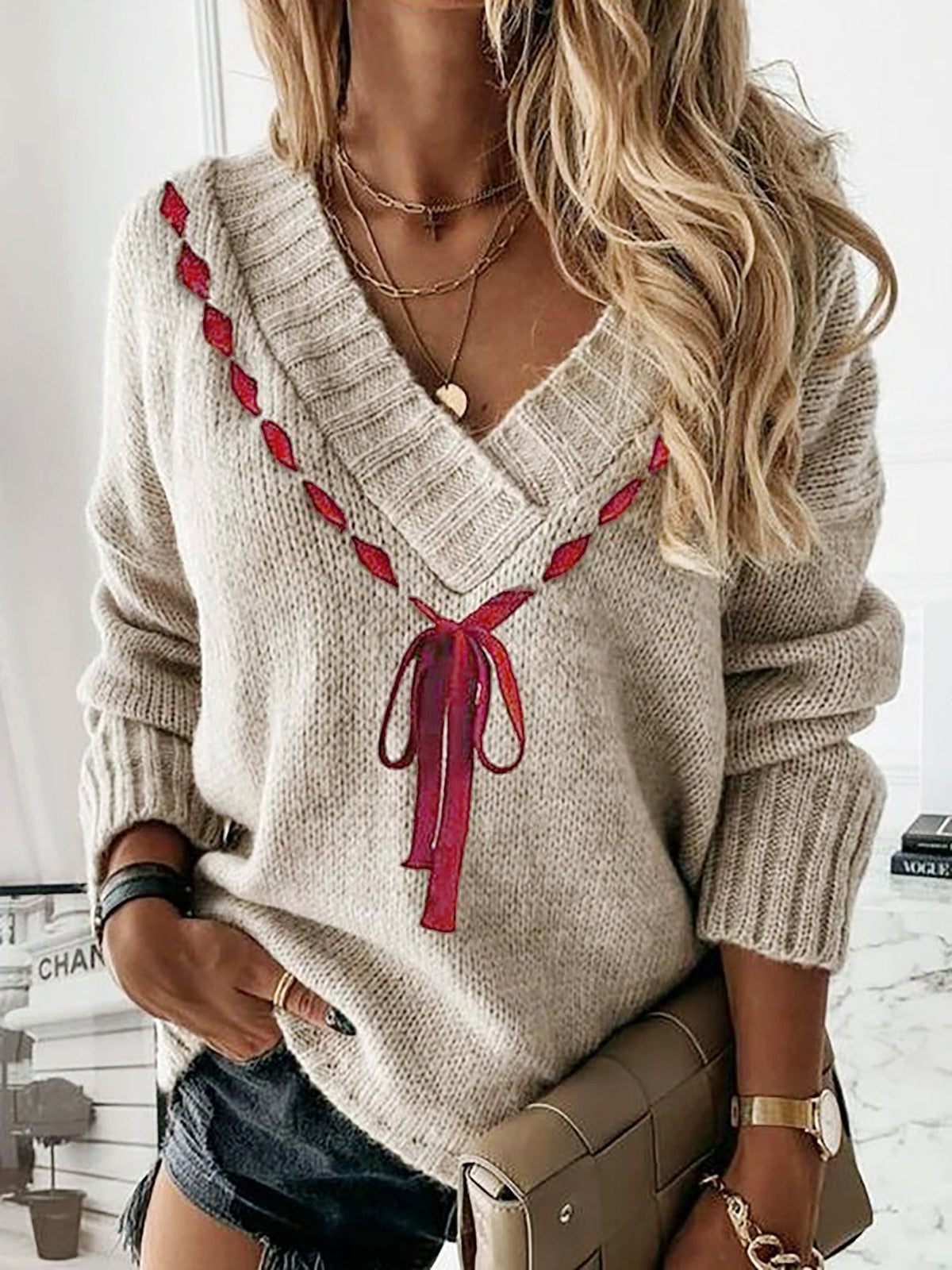 Beige V Neck Long Sleeve Red Bow Graphic Knit Sweater