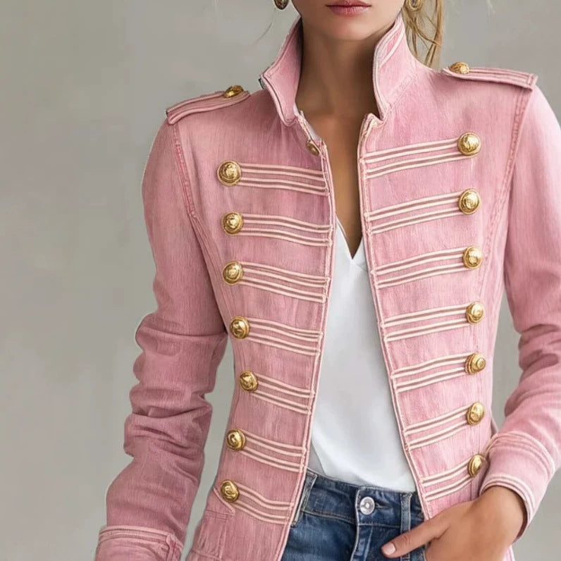 Women’s Stand Collar Double Breasted Gold Button Decor Denim Jacket