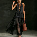Stylish Elegant Organza-Paneled Denim Maxi Dress