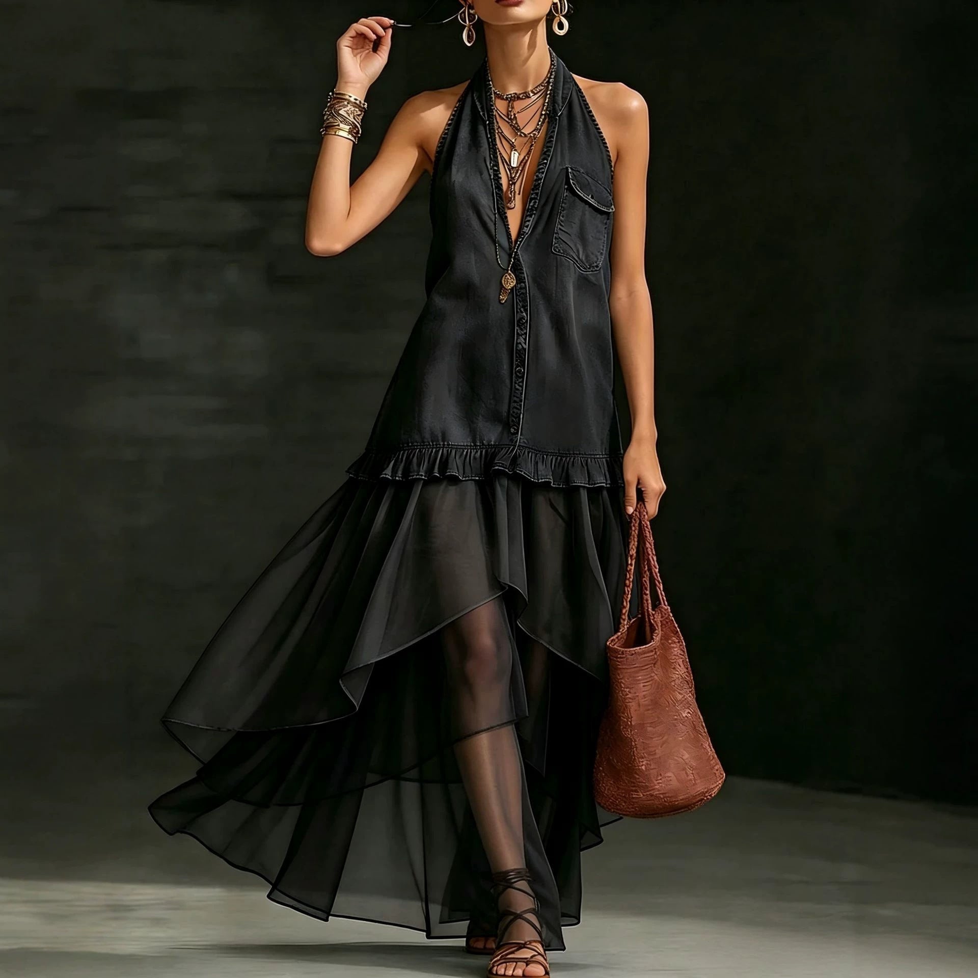 Stylish Elegant Organza-Paneled Denim Maxi Dress