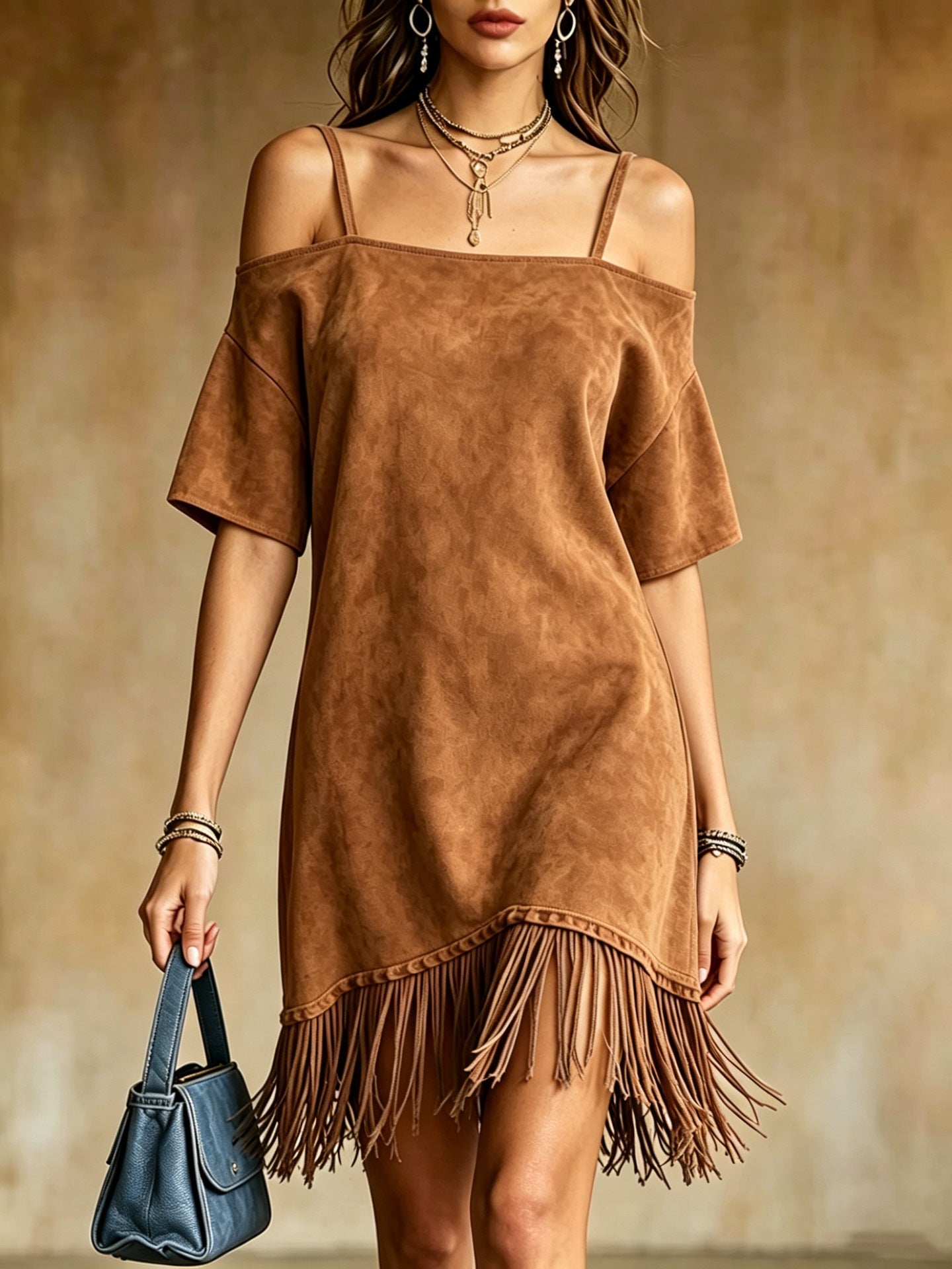 Off Shoulder Spaghetti Strap Suede Fringe Mini Dress