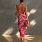 Hot Pink Floral Ruched Halter Midi Dress