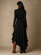 Mock Neck Wrap Dress with Asymmetric Ruffle Hem