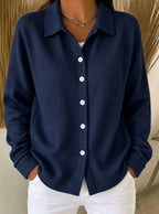 Women’s Light Blue Waffle Knit Lapel Button Down Long Sleeve Shirt - Navy / S