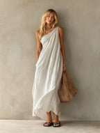Dusty Pink One Shoulder Ruched Linen Maxi Dress