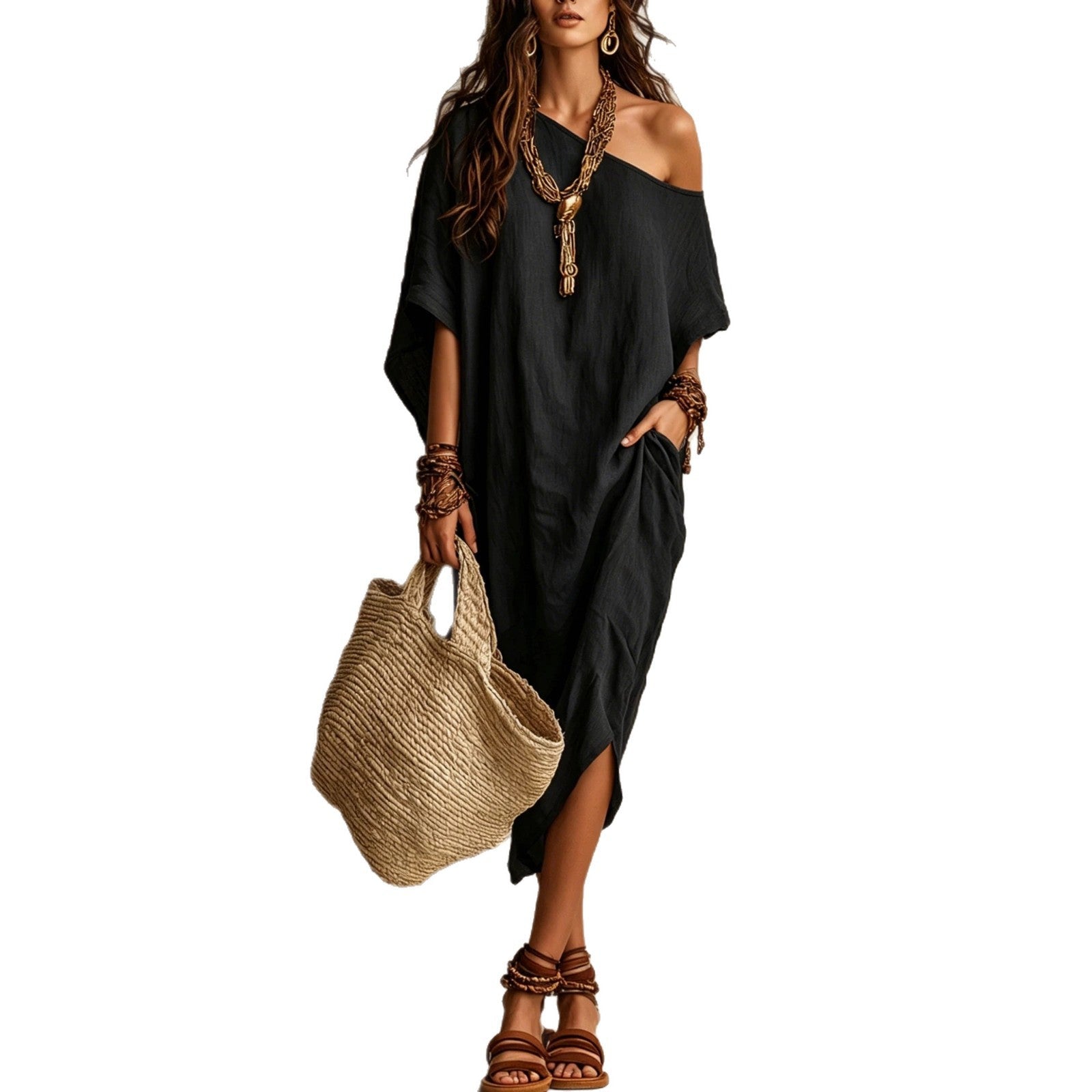 Slanted Shoulder Cotton And Linen Dress Women'S Loose Bat Sleeves Mid-Length Slit Holiday Dress
