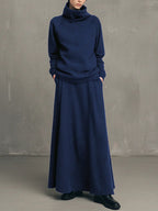 Elegant Neutral Knit Co-ord Set Funnel Neck Sweater Pleated Long Skirt