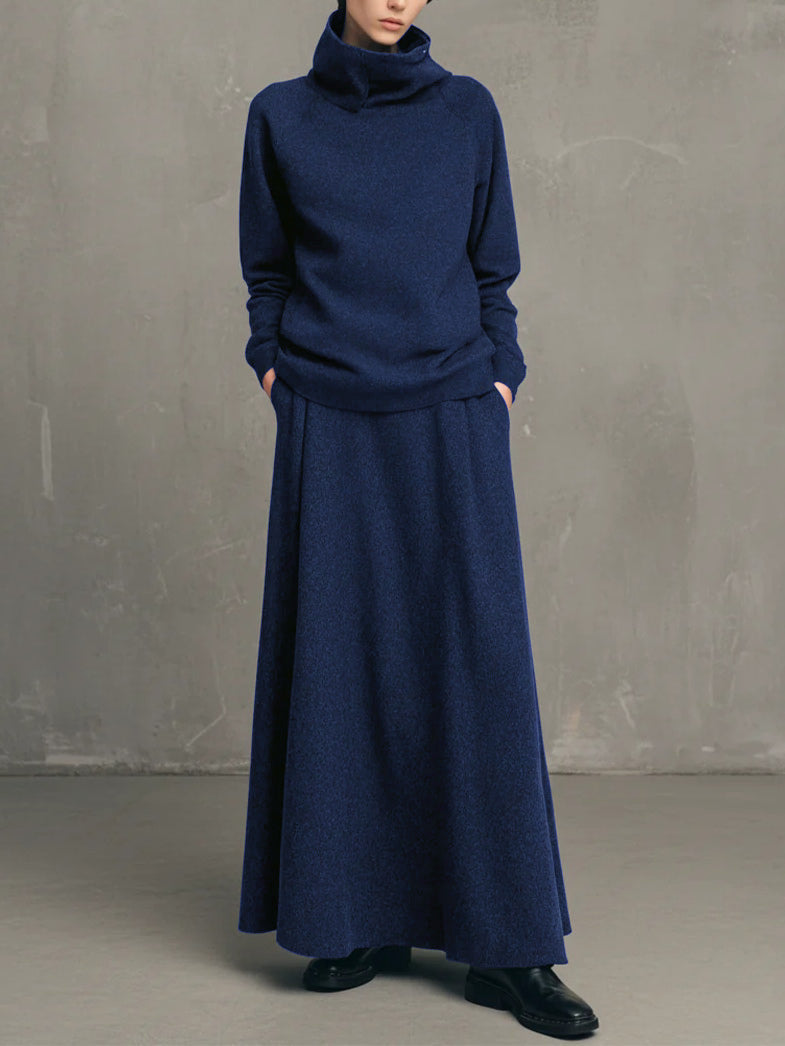 Elegant Neutral Knit Co-ord Set Funnel Neck Sweater Pleated Long Skirt