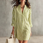 V-Neck Vertical Stripe Roll Sleeve Mini Shirt Dress
