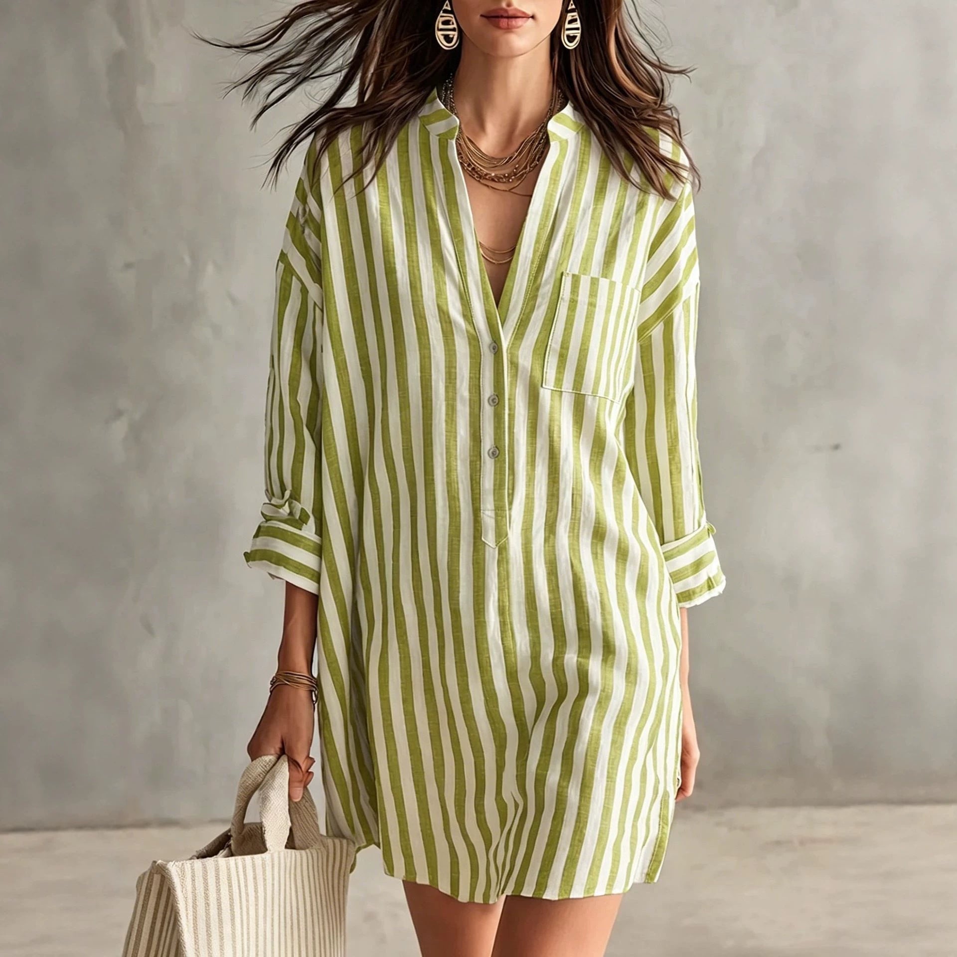 V-Neck Vertical Stripe Roll Sleeve Mini Shirt Dress