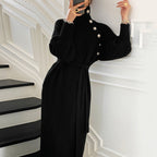 Asymmetric Button Batwing Sleeve Belted Knit Midi Dress