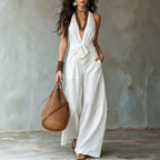 Earthy Brown Halter Wide-Leg Jumpsuit