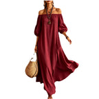 Women White Off‑Shoulder Balloon Sleeve Flowy Maxi Dress