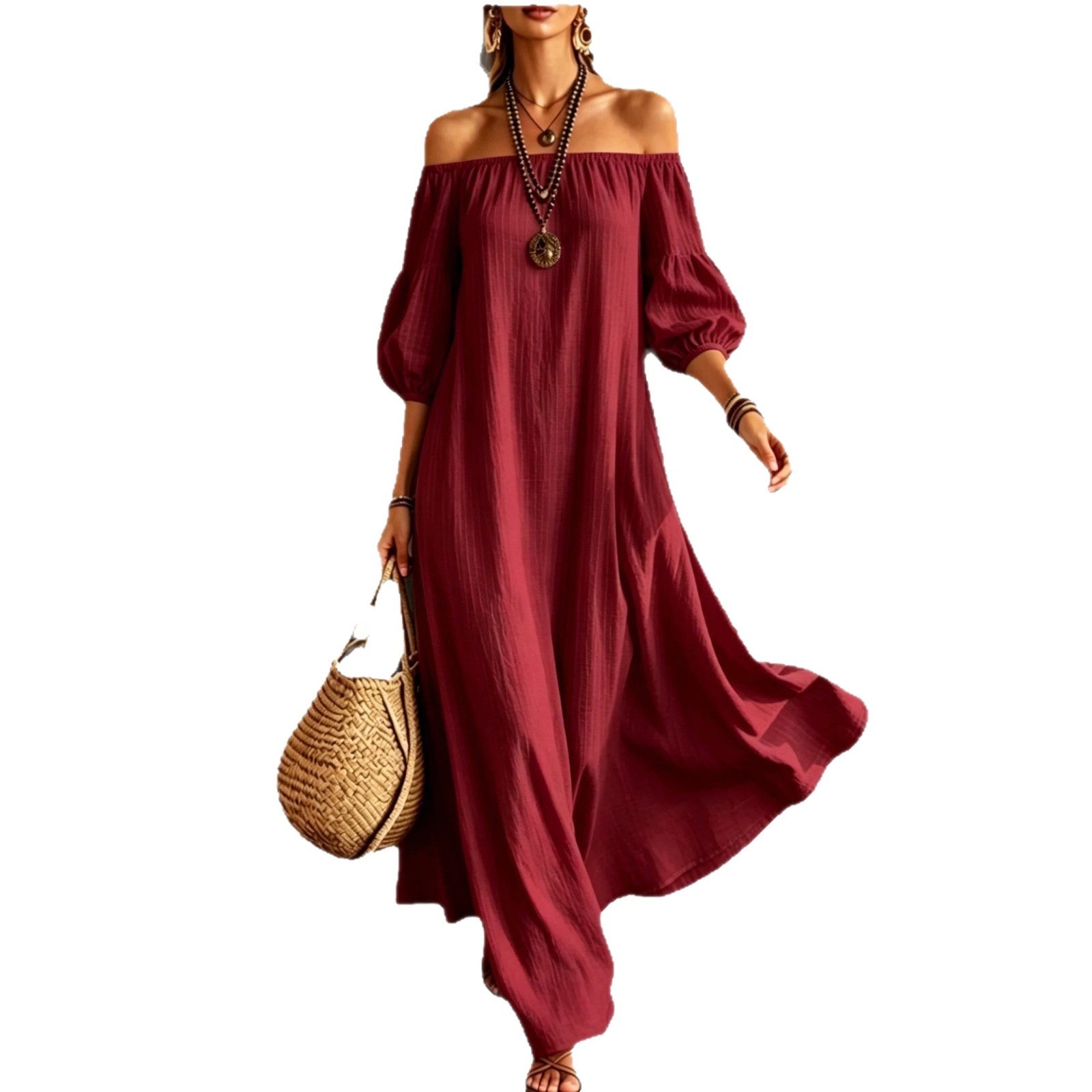 Women White Off‑Shoulder Balloon Sleeve Flowy Maxi Dress