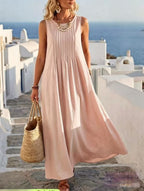 Pleated Pocket Linen Blend Vacation Maxi Dress