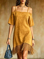 Off Shoulder Spaghetti Strap Suede Fringe Mini Dress