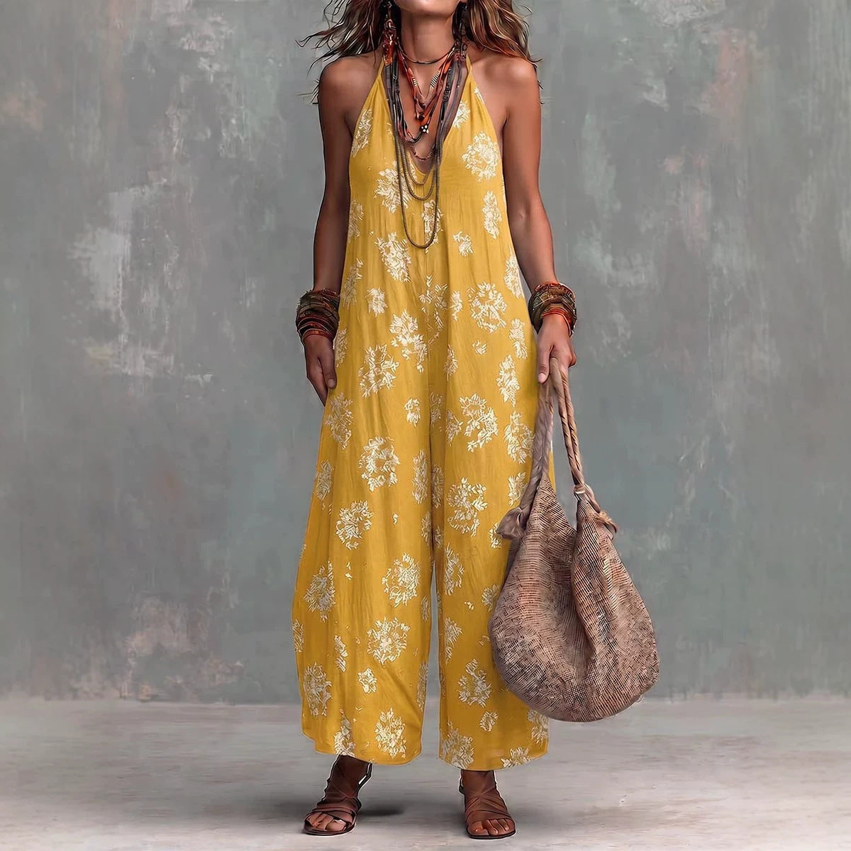Women's Yellow Boho Floral Halter Wide-Leg Jumpsuit