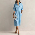 Utility Pocket Half Placket Midi Shirt Dress