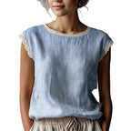 Women'S Retro Loose Solid Color Round Neck Lace Splicing Sleeveless Linen Shirt