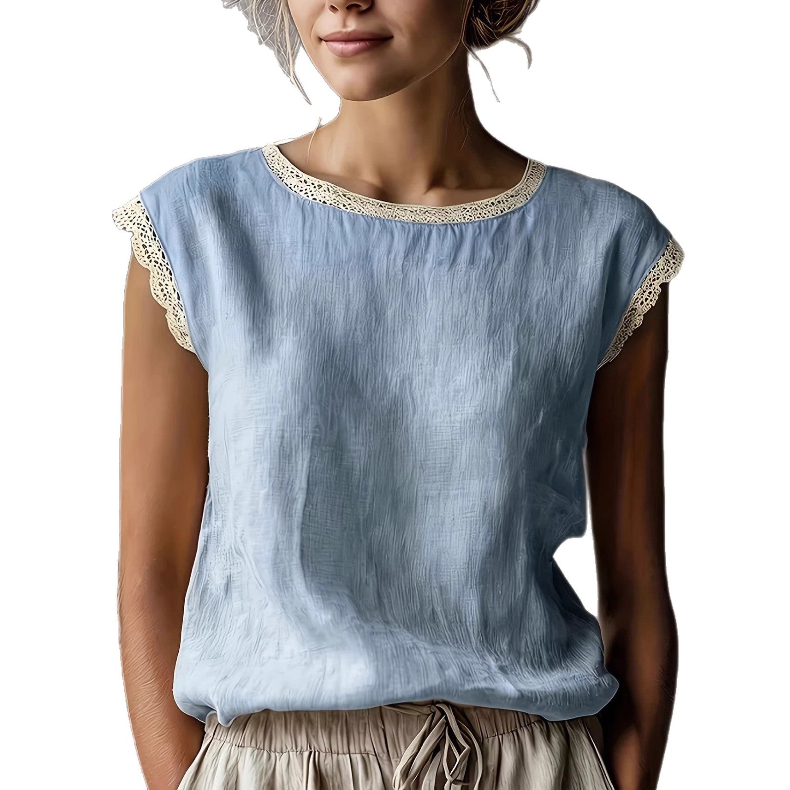 Women'S Retro Loose Solid Color Round Neck Lace Splicing Sleeveless Linen Shirt