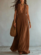 Halter Deep V Gathered Empire Waist Flowy Chiffon Maxi Dress