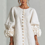 Women Blush Pink Fabric Floral Appliqué Balloon‑Sleeve Shift Mini Dress