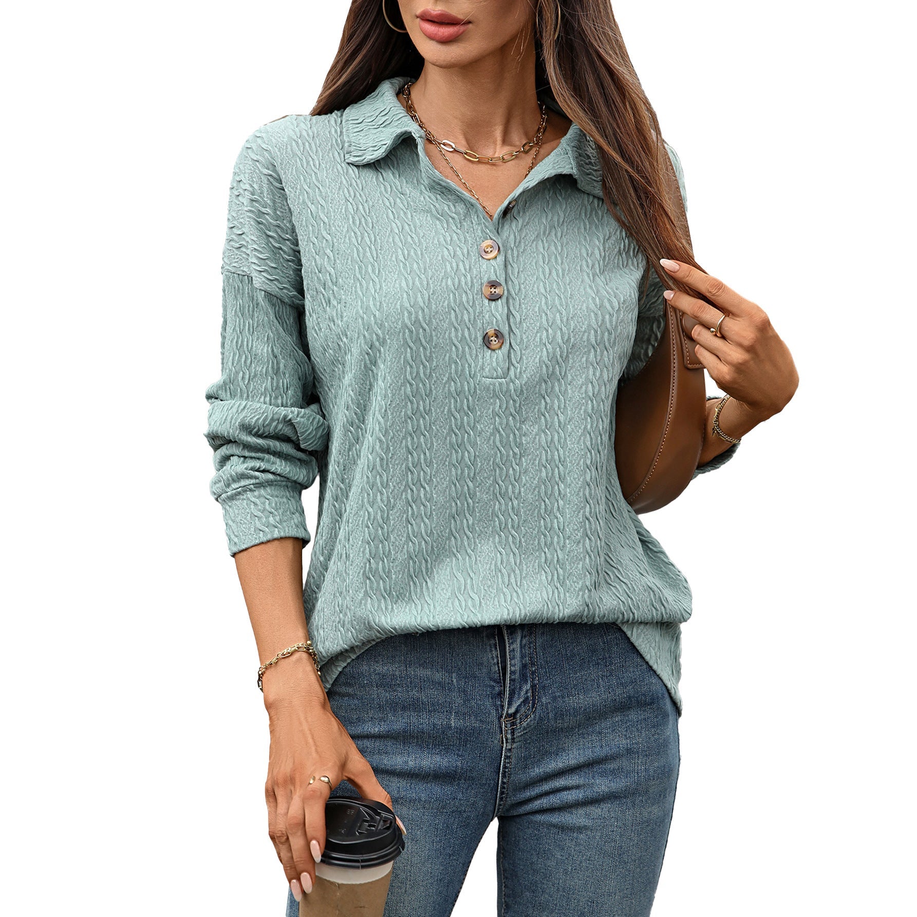 Women's Textured Polo Henley Long‑Sleeve Top