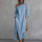 Loose-fitting One Shoulder Split Hem Cotton Linen Midi Dress