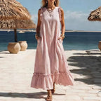 🌊 Coastal Striped Ruffle Maxi Dress