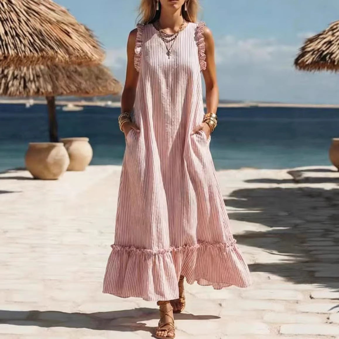 🌊 Coastal Striped Ruffle Maxi Dress