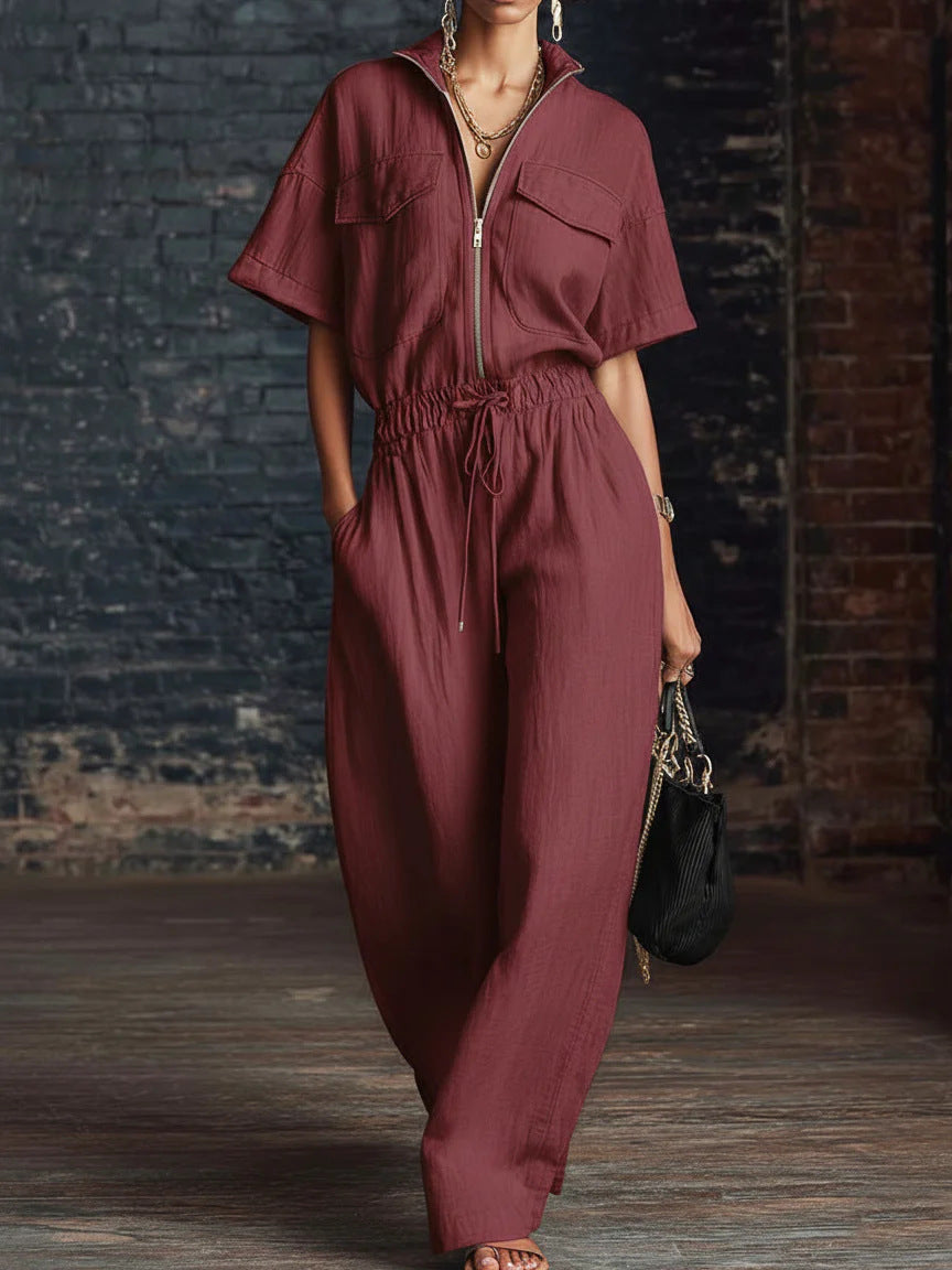 Stand Collar Sleeveless Casual Loose Cotton And Linen Jumpsuit