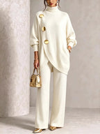 Turtleneck Gold‑Button Asymmetric Knit Tunic & Wide‑Leg Pants Two‑Piece Set